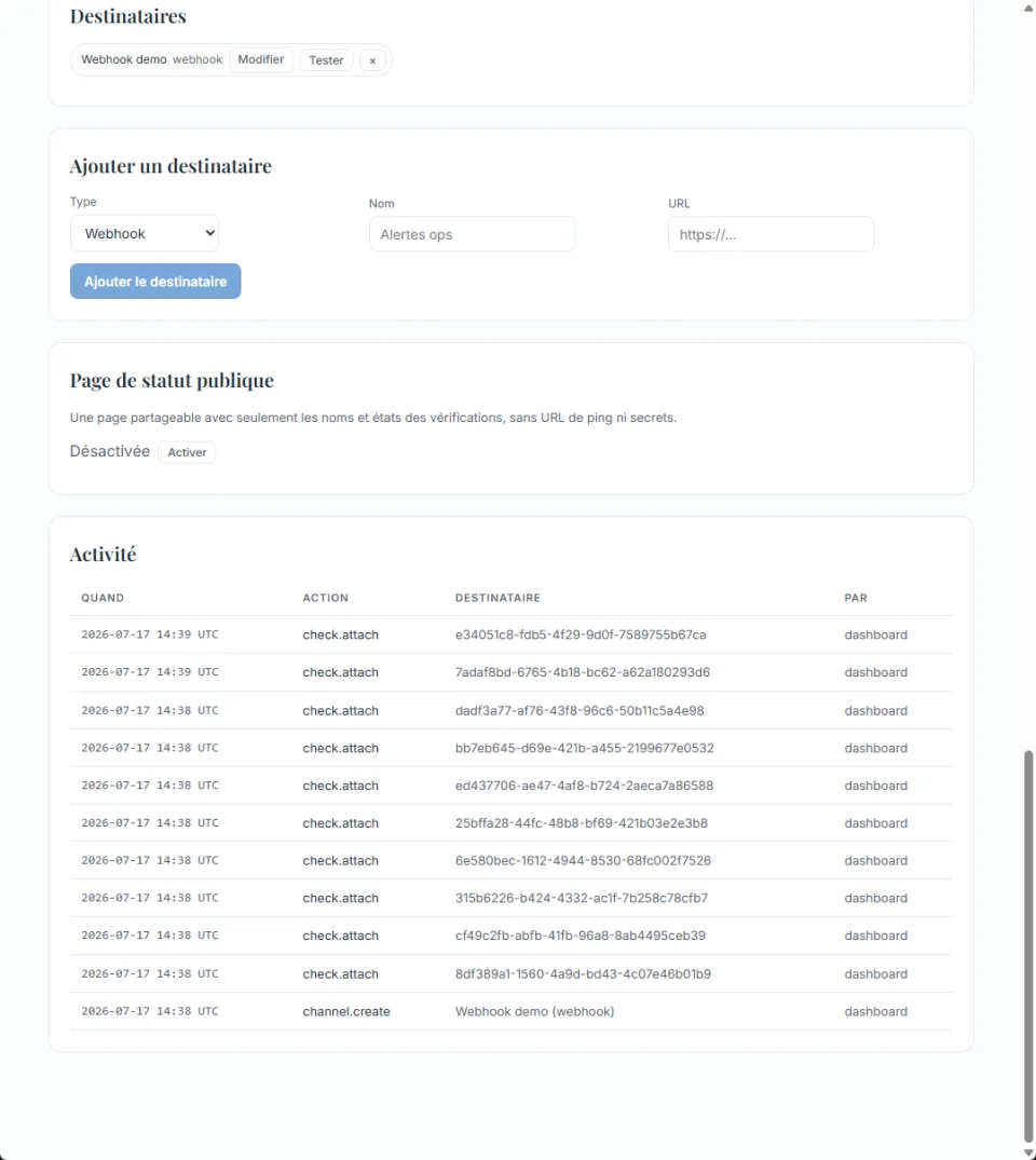 Les destinataires d'alerte, un canal webhook, et un journal d'activité.