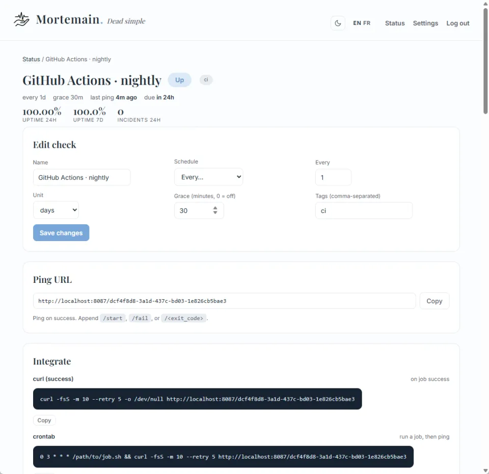 A check's settings, its ping URL, and ready-to-copy curl and crontab snippets.